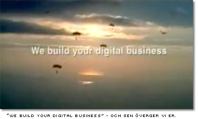 fallskärms-hoppare mot solnedgång, och texten säger We build your digital business