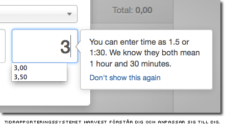skärmdump från harvest förklarar att man kan skriva in antingen minuter eller timmar